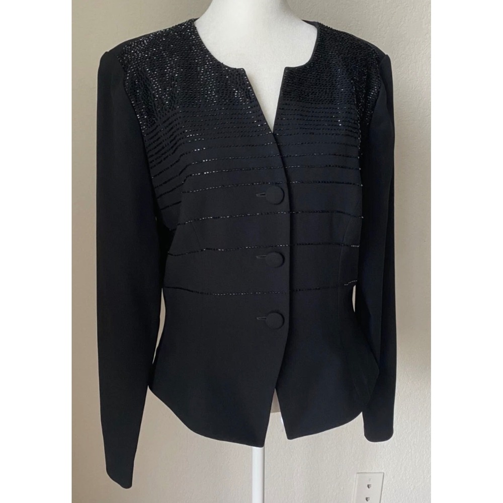 VTG Rimini Black Beaded Evening Jacket Womens 8 V-Neck Satin Button Blazer - Picture 3 of 14
